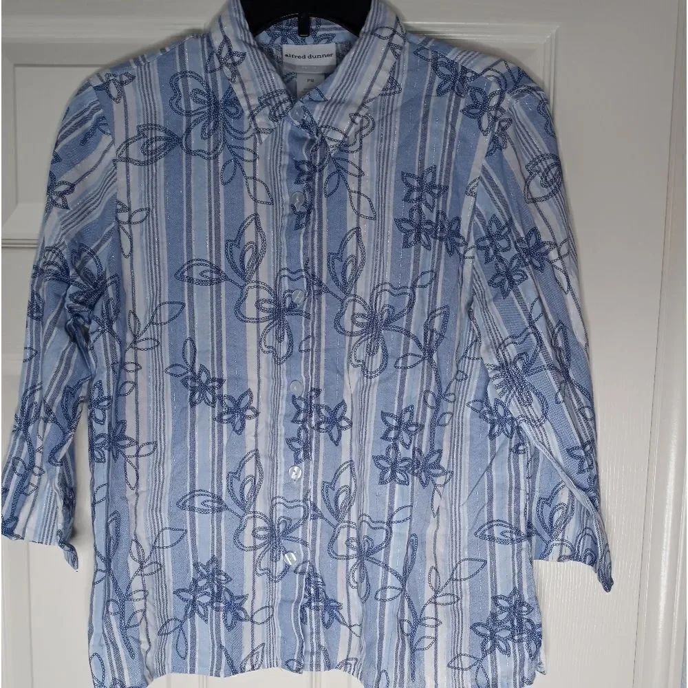 Alfred Dunner MP Women Long Sleeve Blouse Cotton Metalic Button Up Floral Print.